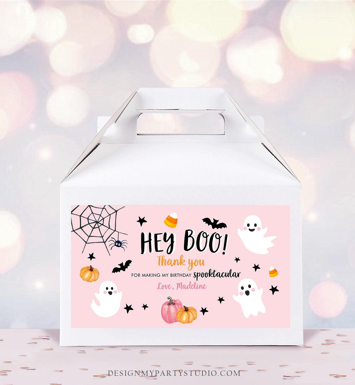 Editable Pink Halloween Gable Box Favor Label Halloween Ghost Gift Box Label Hey Boo Pink Ghost Birthday Treat Download Printable Corjl 0418