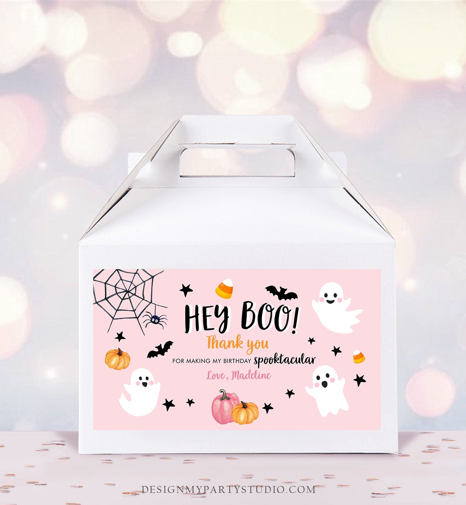 Editable Pink Halloween Gable Box Favor Label Halloween Ghost Gift Box Label Hey Boo Pink Ghost Birthday Treat Download Printable Corjl 0418