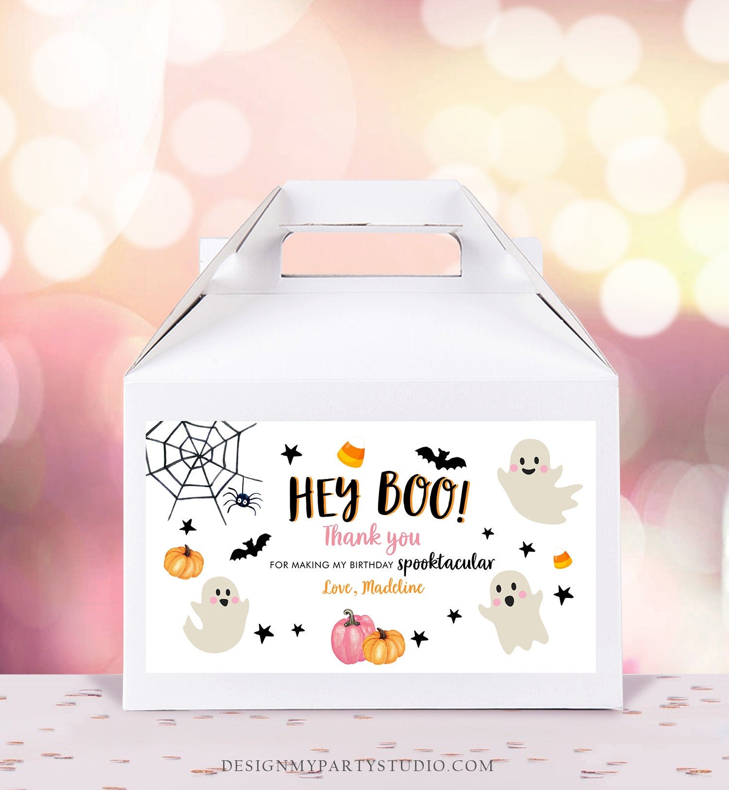 Editable Pink Halloween Gable Box Favor Label Halloween Ghost Gift Box Label Hey Boo Pink Ghost Birthday Treat Download Printable Corjl 0418