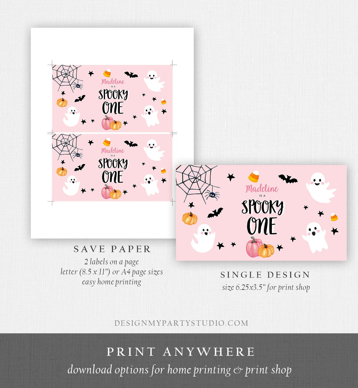 Editable Pink Halloween Gable Box Favor Label Halloween Birthday Gift Box Spooky One Pink Ghost 1st Digital Download Template Printable 0418