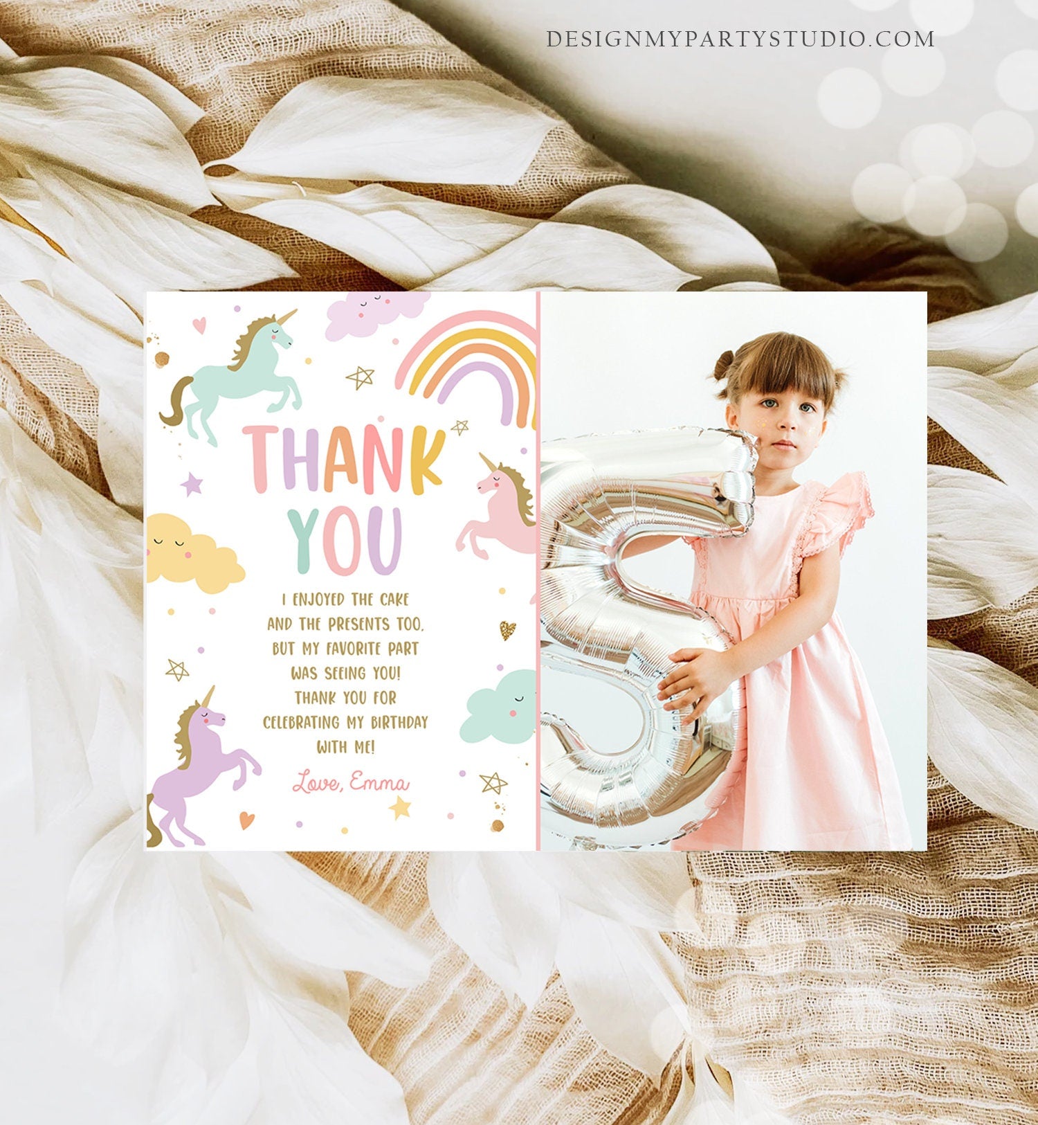 Editable Unicorn Thank You Card Magical Party Birthday Girl Pink Pastel First Digital Unicorn Party Template Rainbow Download Corjl 0426