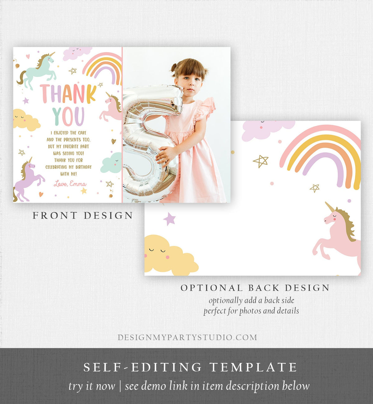 Editable Unicorn Thank You Card Magical Party Birthday Girl Pink Pastel First Digital Unicorn Party Template Rainbow Download Corjl 0426