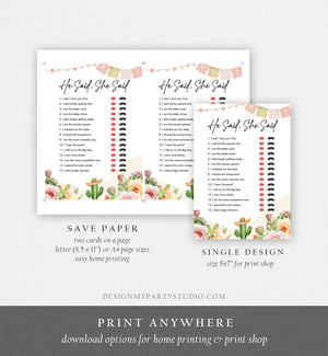 Editable He Said She Said Bridal Shower Game Cactus Fiesta Mexican Coed Shower Succulent Wedding Activity Corjl Template Printable 0419