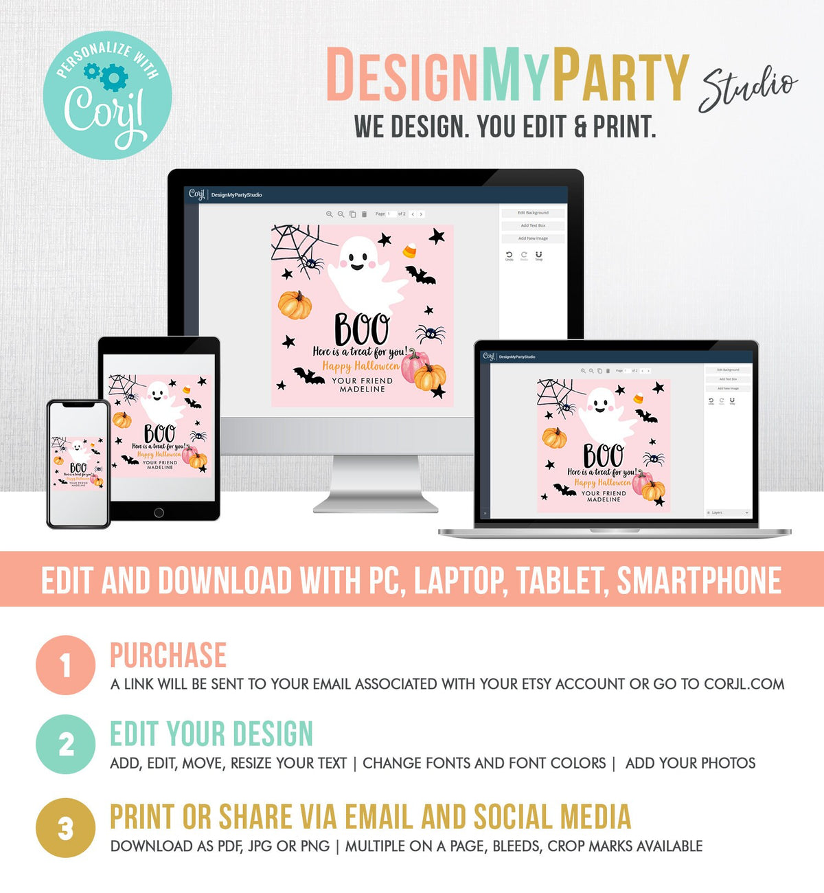 Editable Halloween Favor Tags Boo Gift Tag Costume Party Treat Favor Sticker Birthday Party Pink Download Printable Template Corjl 0418 0261