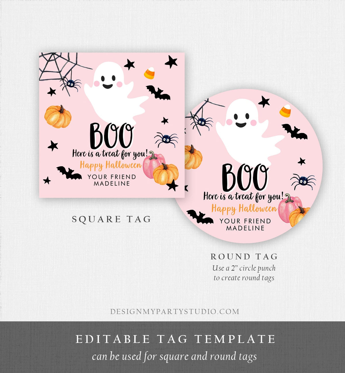 Editable Halloween Favor Tags Boo Gift Tag Costume Party Treat Favor Sticker Birthday Party Pink Download Printable Template Corjl 0418 0261