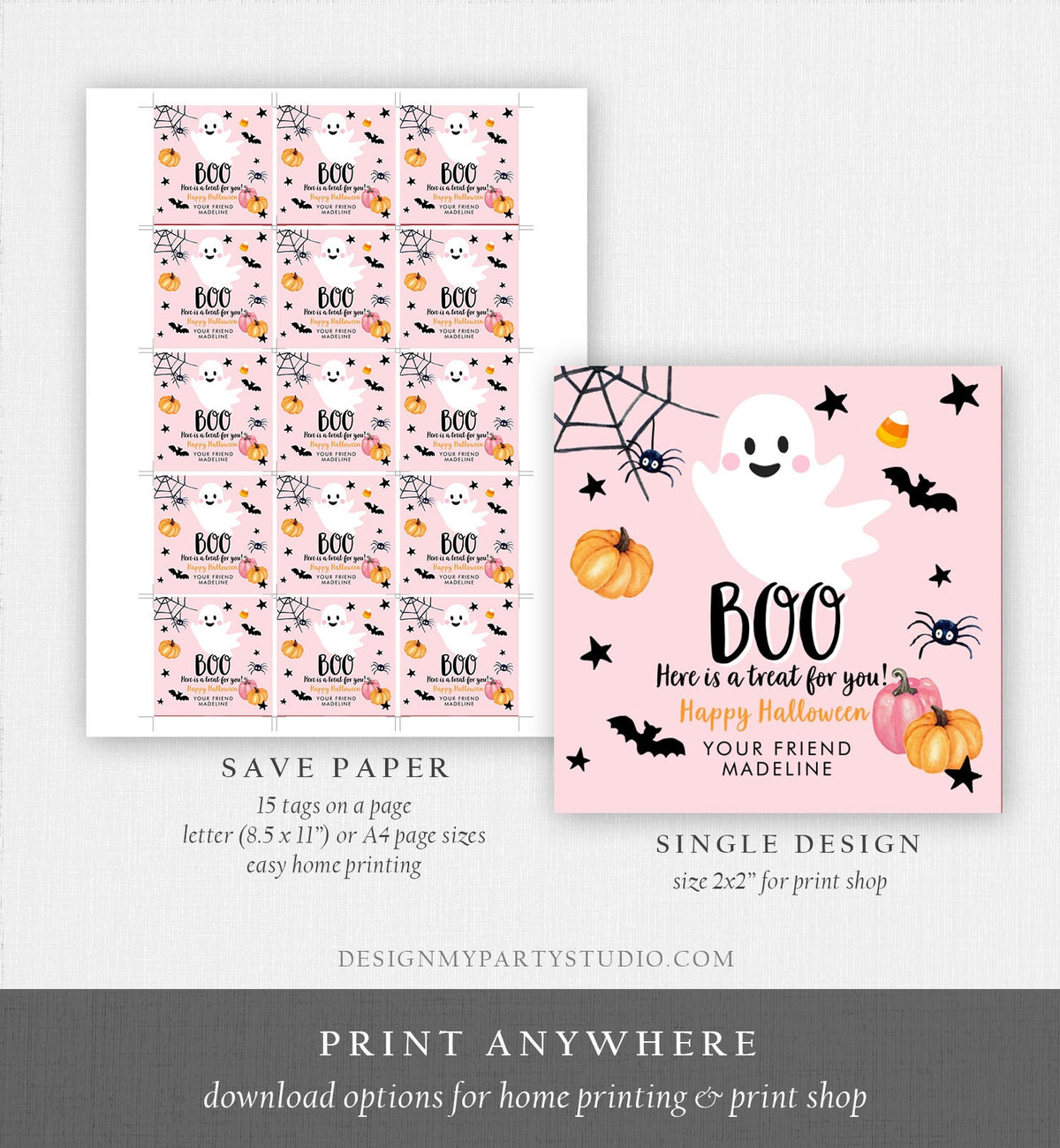 Editable Halloween Favor Tags Boo Gift Tag Costume Party Treat Favor Sticker Birthday Party Pink Download Printable Template Corjl 0418 0261