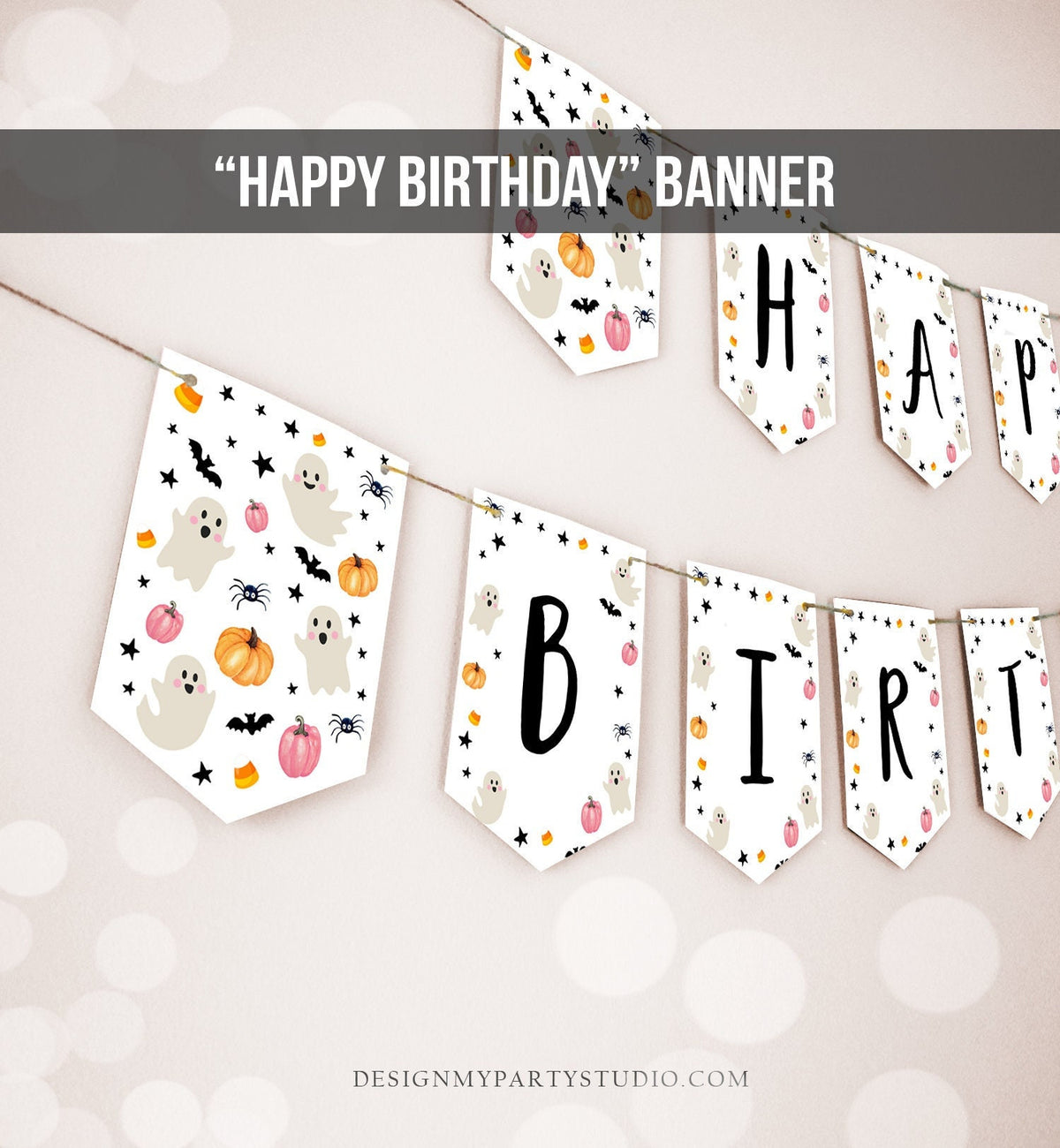 Happy Birthday Banner Halloween Birthday Banner Pink Ghost Birthday Party Halloween Decor Girl Pink 1st Download PRINTABLE DIGITAL DIY 0418