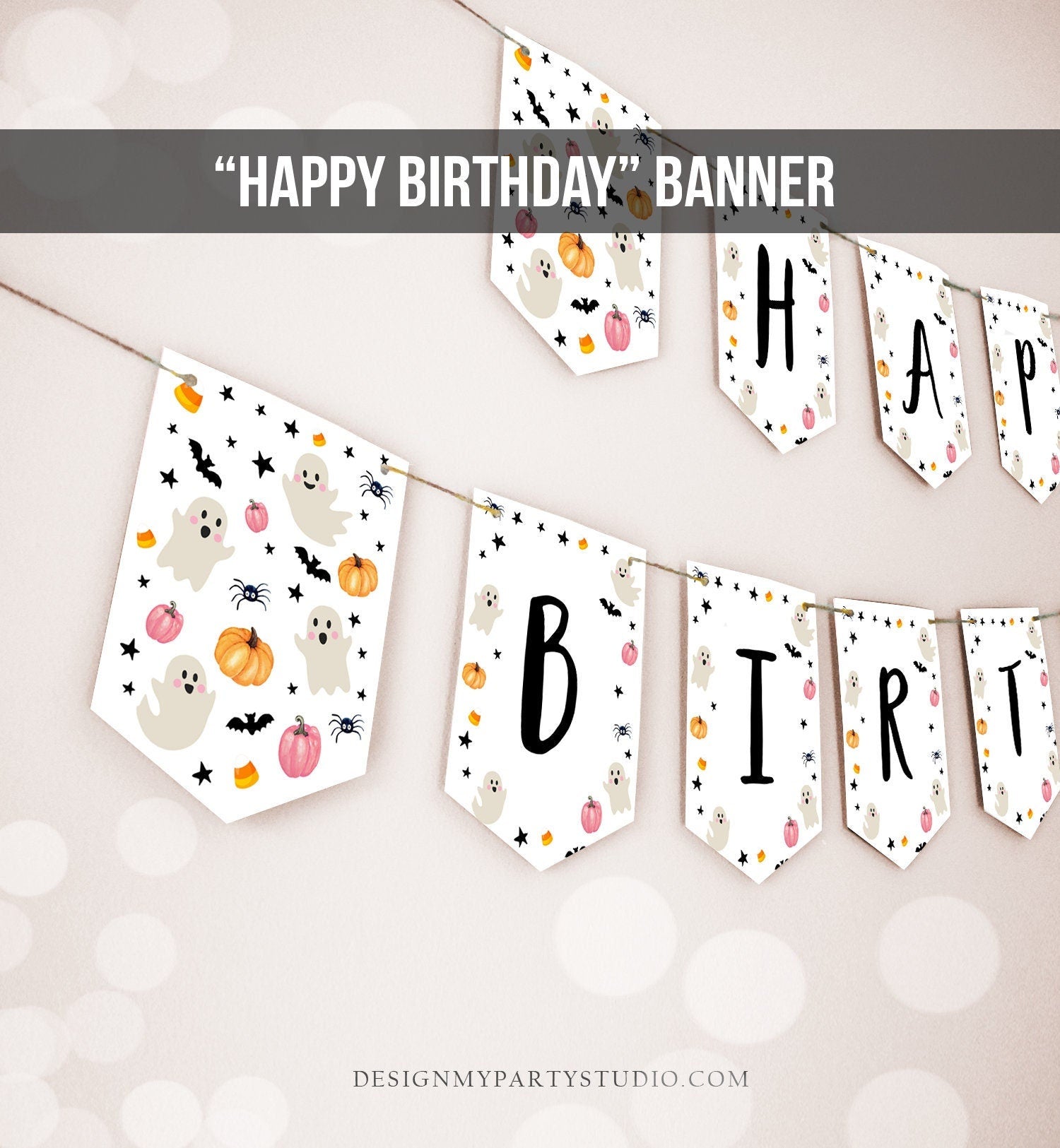 Happy Birthday Banner Halloween Birthday Banner Pink Ghost Birthday Party Halloween Decor Girl Pink 1st Download PRINTABLE DIGITAL DIY 0418