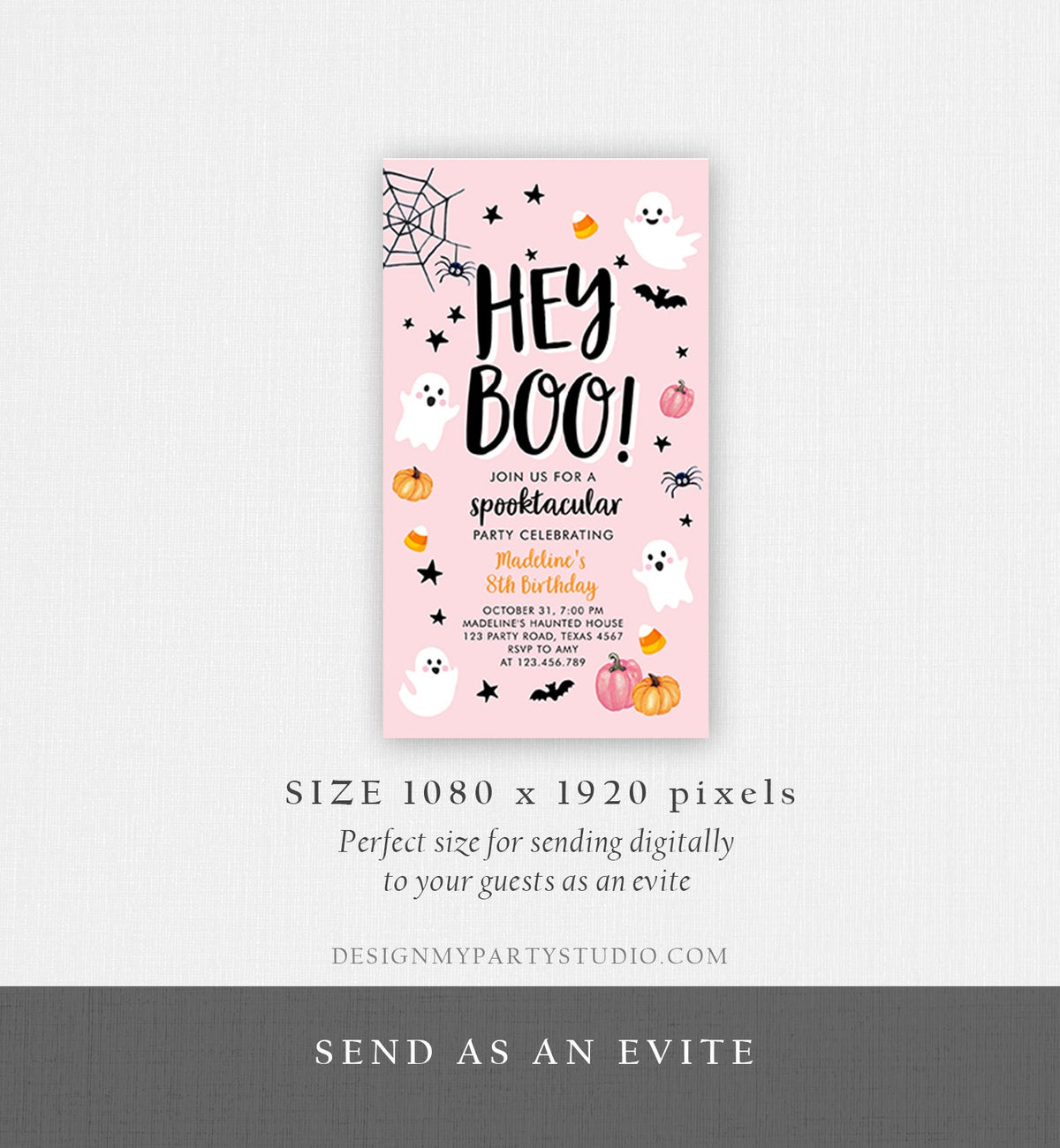 Editable Halloween Birthday Evite Pink Ghost Costume Party Girl Pink Kids Spooktacular Spooky Digital Download Evite Phone Template 0418
