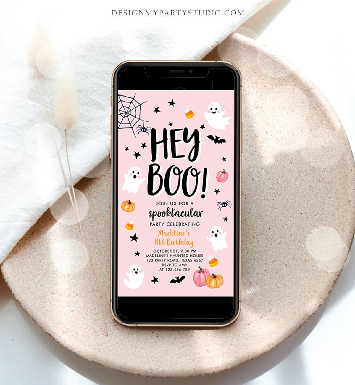 Editable Halloween Birthday Evite Pink Ghost Costume Party Girl Pink Kids Spooktacular Spooky Digital Download Evite Phone Template 0418