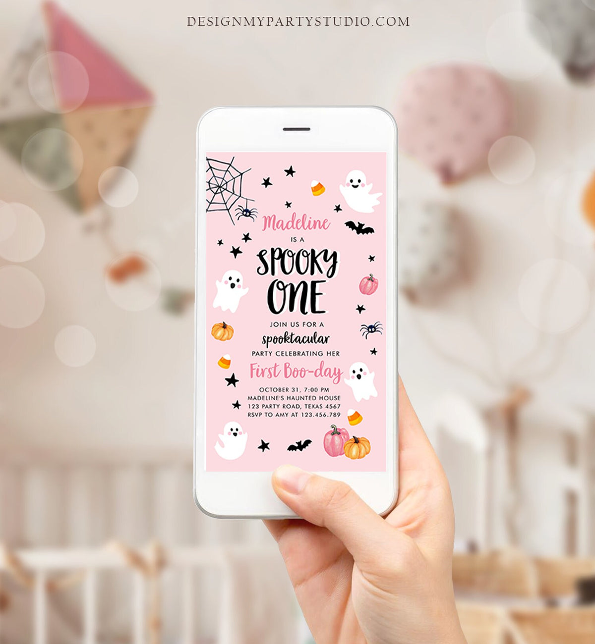 Editable Halloween 1st Birthday Evite Pink Ghost Party Girl First Kid Spooktacular Spooky One Phone Digital Template Template Corjl 0418