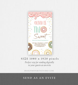 Editable Donut Two Sweet Birthday Invitation Second Birthday Party Pink Girl Doughnut 2nd Digital Download Phone Evite Electronic Corjl 0320