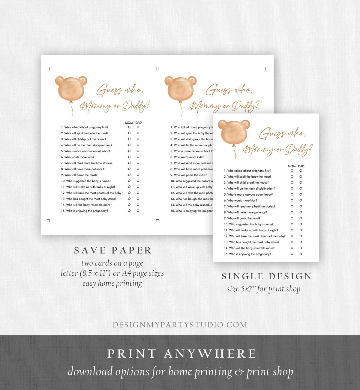 Editable Guess Who Baby Shower Game Modern Bear Cute Teddy Bear Baby Shower Boho Bearly Wait Mommy or Daddy Corjl Template Printable 0439