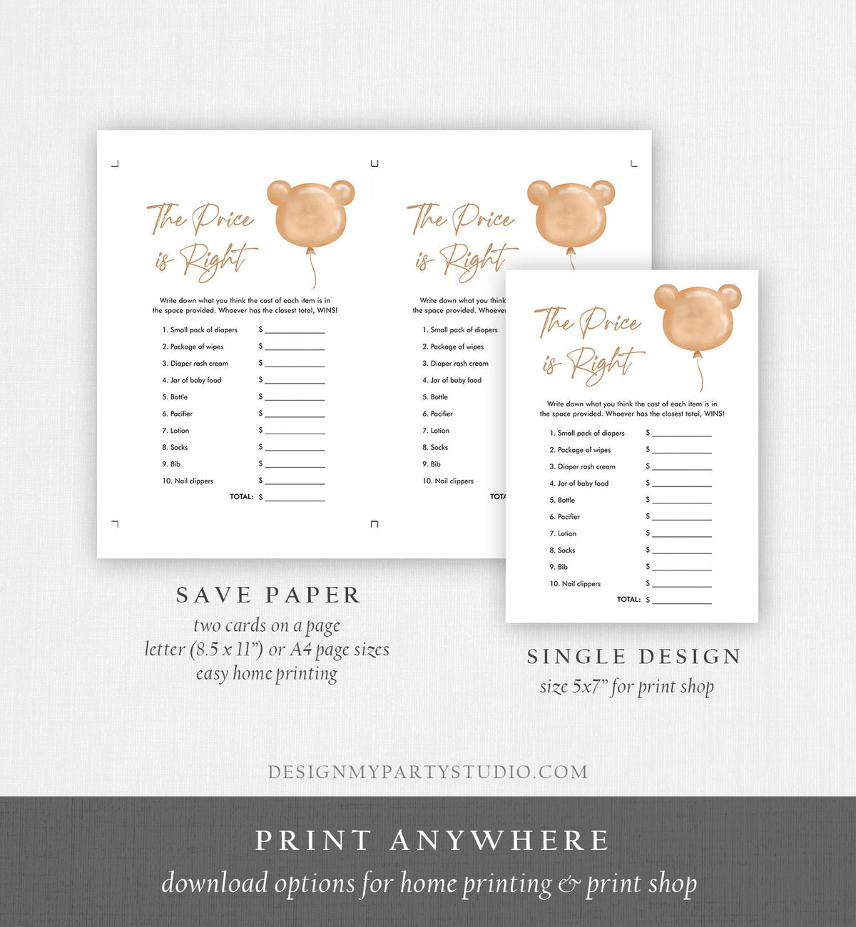 Editable The Price is Right Baby Shower Game Modern Bear Cute Teddy Bear Baby Shower Boho Bearly Wait Digital Template Printable 0439