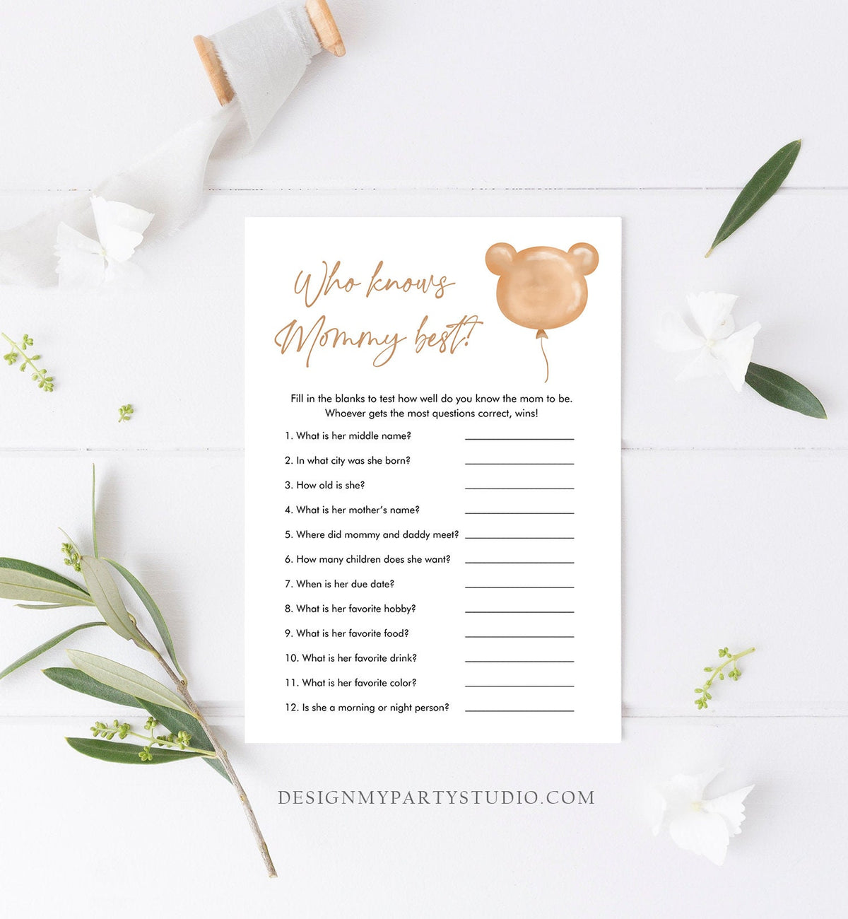 Editable Who Knows Mommy Best Baby Shower Game Modern Bear Cute Teddy Bear Baby Shower Boho Bearly Wait Game Digital Template Printable 0439