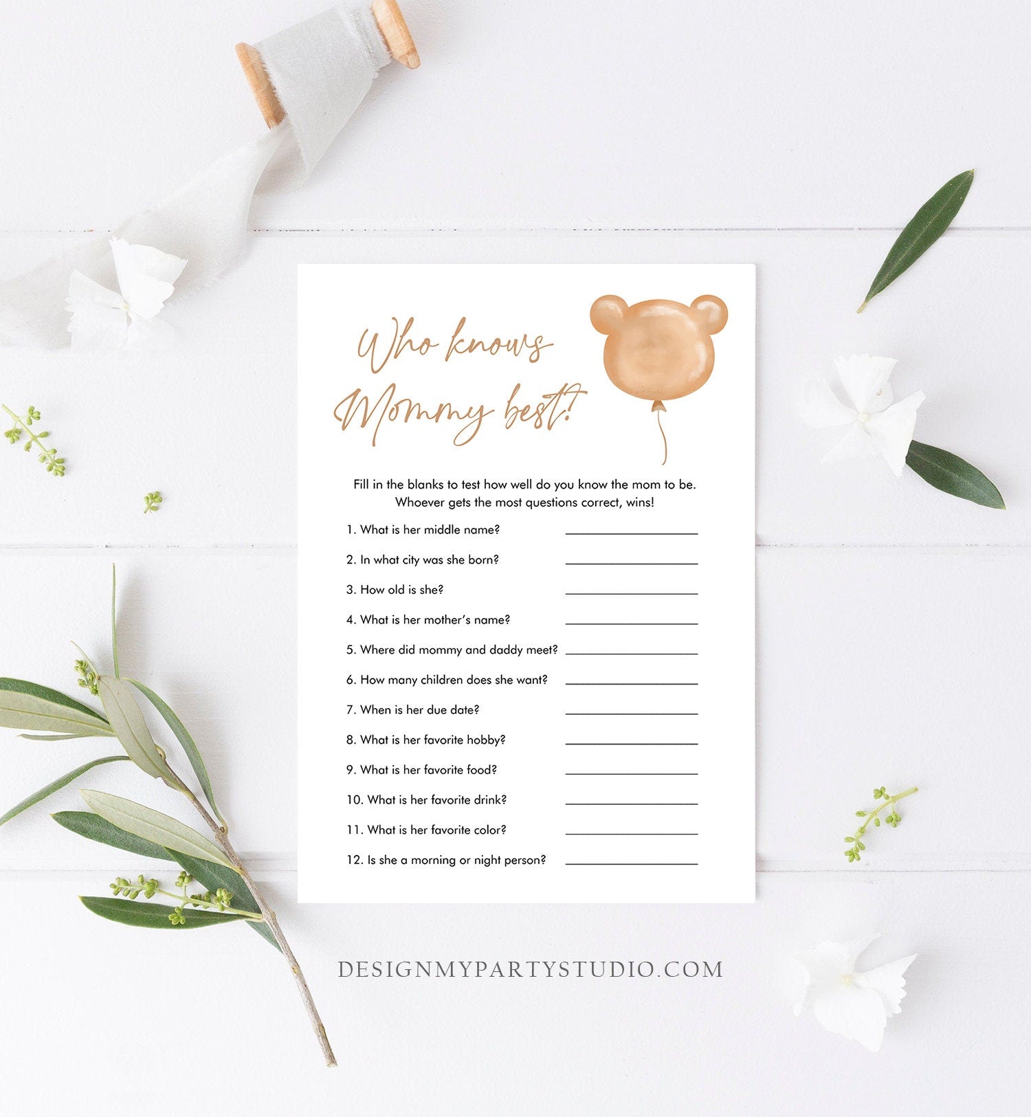 Editable Who Knows Mommy Best Baby Shower Game Modern Bear Cute Teddy Bear Baby Shower Boho Bearly Wait Game Digital Template Printable 0439