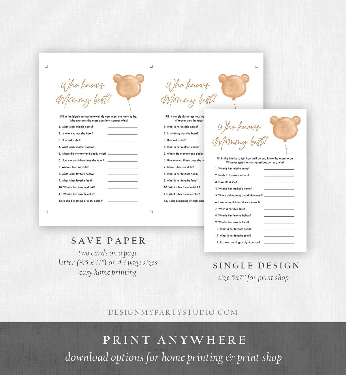 Editable Who Knows Mommy Best Baby Shower Game Modern Bear Cute Teddy Bear Baby Shower Boho Bearly Wait Game Digital Template Printable 0439