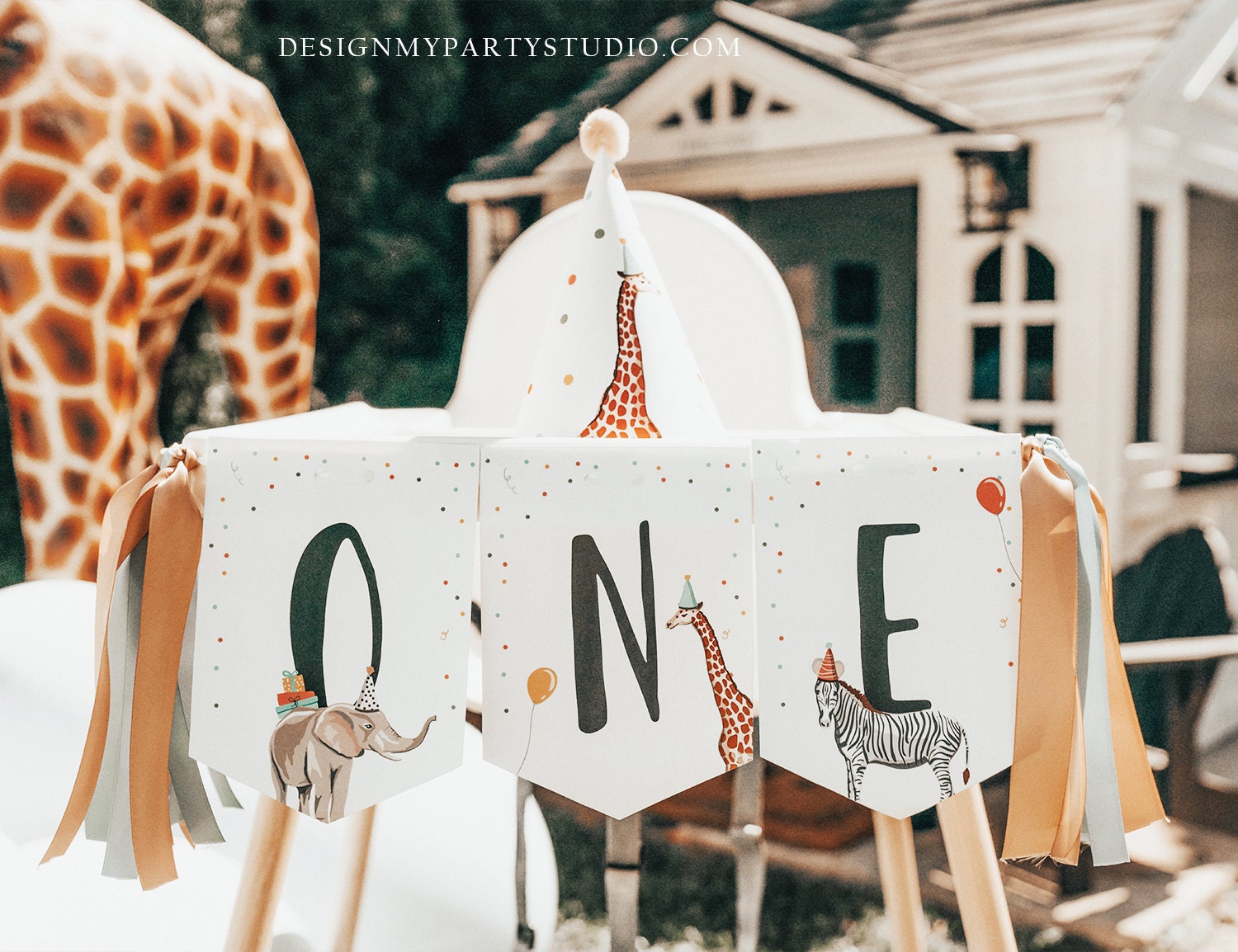 High Chair ONE Birthday Banner Party Animals Safari Animals Wild One First Birthday 1st Decorations Boy Girl Zoo Download Printable 0142