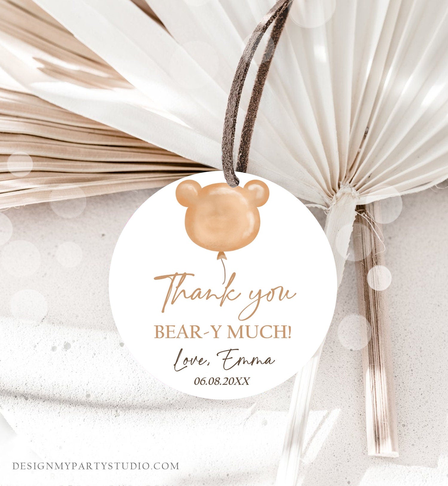 Editable Boho Teddy Bear Favor Tags Thank You Beary Much Round Sticker Bearly Wait Baby Shower Bear Label Template Corjl PRINTABLE 0439