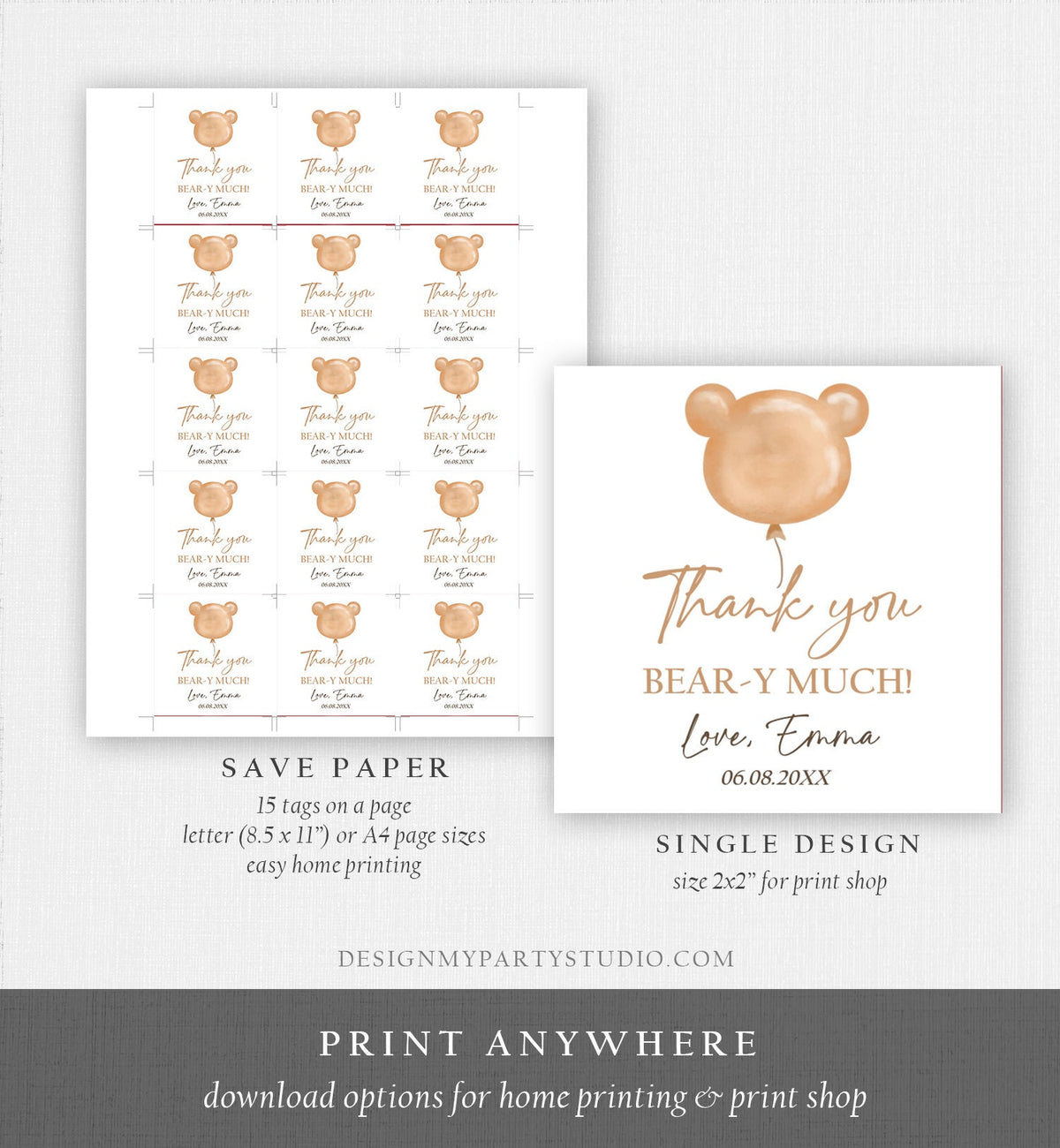 Editable Boho Teddy Bear Favor Tags Thank You Beary Much Round Sticker Bearly Wait Baby Shower Bear Label Template Corjl PRINTABLE 0439
