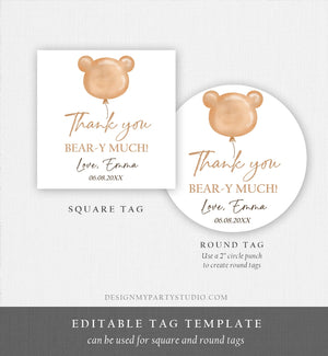 Editable Boho Teddy Bear Favor Tags Thank You Beary Much Round Sticker Bearly Wait Baby Shower Bear Label Template Corjl PRINTABLE 0439