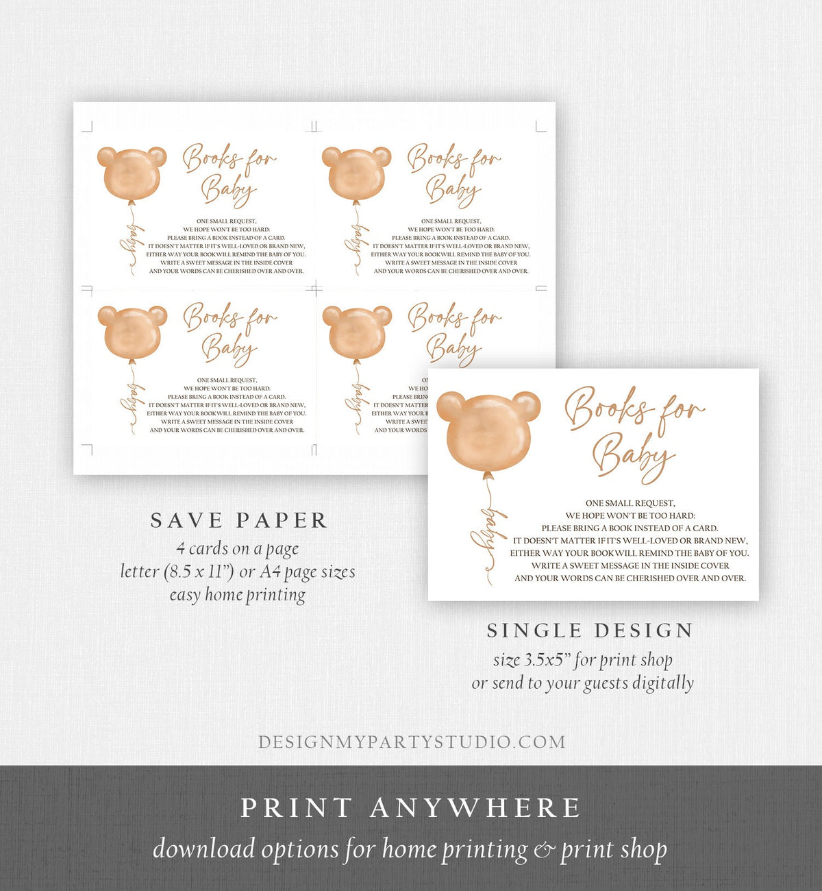 Editable Bear Bring a Book Card Boho Teddy Bear Baby Shower Bearly Wait Books for Baby Gender Neutral Boy Girl Template PRINTABLE Corjl 0439