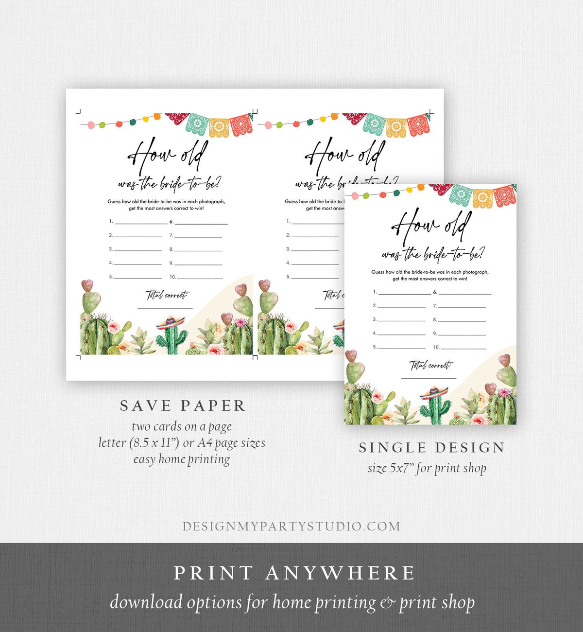 Editable How Old Was The Bride Bridal Shower Game Cactus Fiesta Mexican Coed Shower Games Wedding Activity Corjl Template Printable 0404