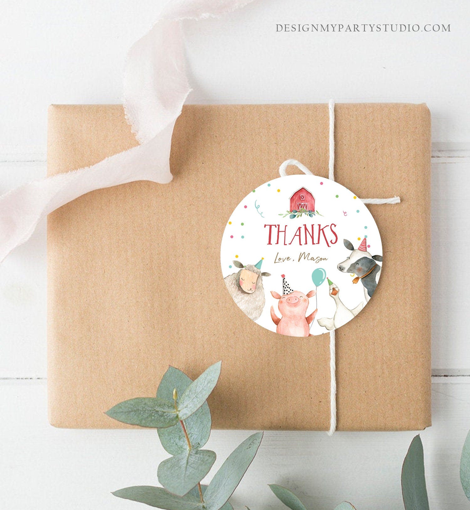 Editable Farm Animals Thank You Tags Boy Birthday Red Barn Barnyard Stickers Farm Birthday Decor Favor Tags Cow Confetti Template Corjl 0155