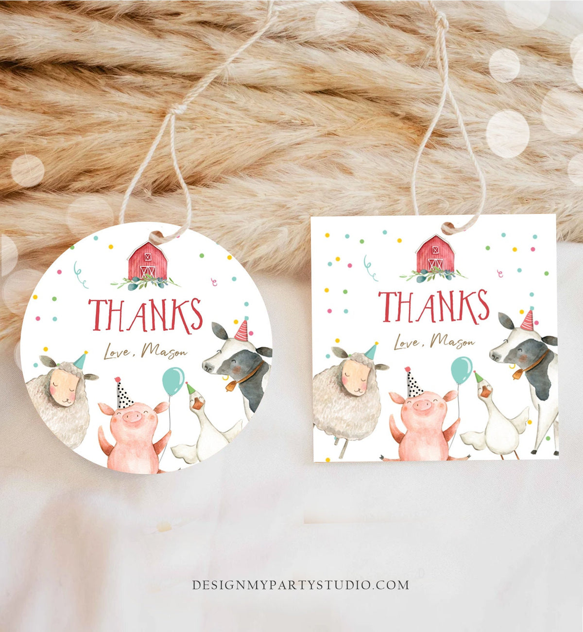 Editable Farm Animals Thank You Tags Boy Birthday Red Barn Barnyard Stickers Farm Birthday Decor Favor Tags Cow Confetti Template Corjl 0155