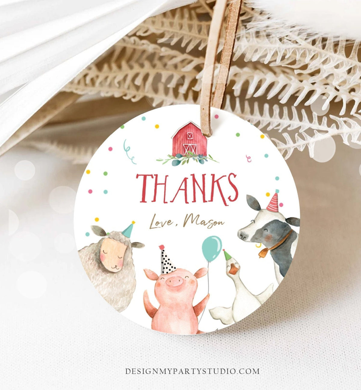 Editable Farm Animals Thank You Tags Boy Birthday Red Barn Barnyard Stickers Farm Birthday Decor Favor Tags Cow Confetti Template Corjl 0155
