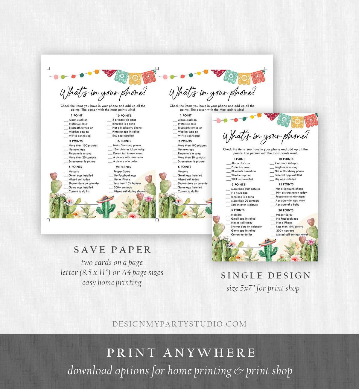 Editable What&#39;s in your Phone Bridal Shower Game Cactus Fiesta Mexican Shower Succulent Wedding Activity Digital Template Printable 0404