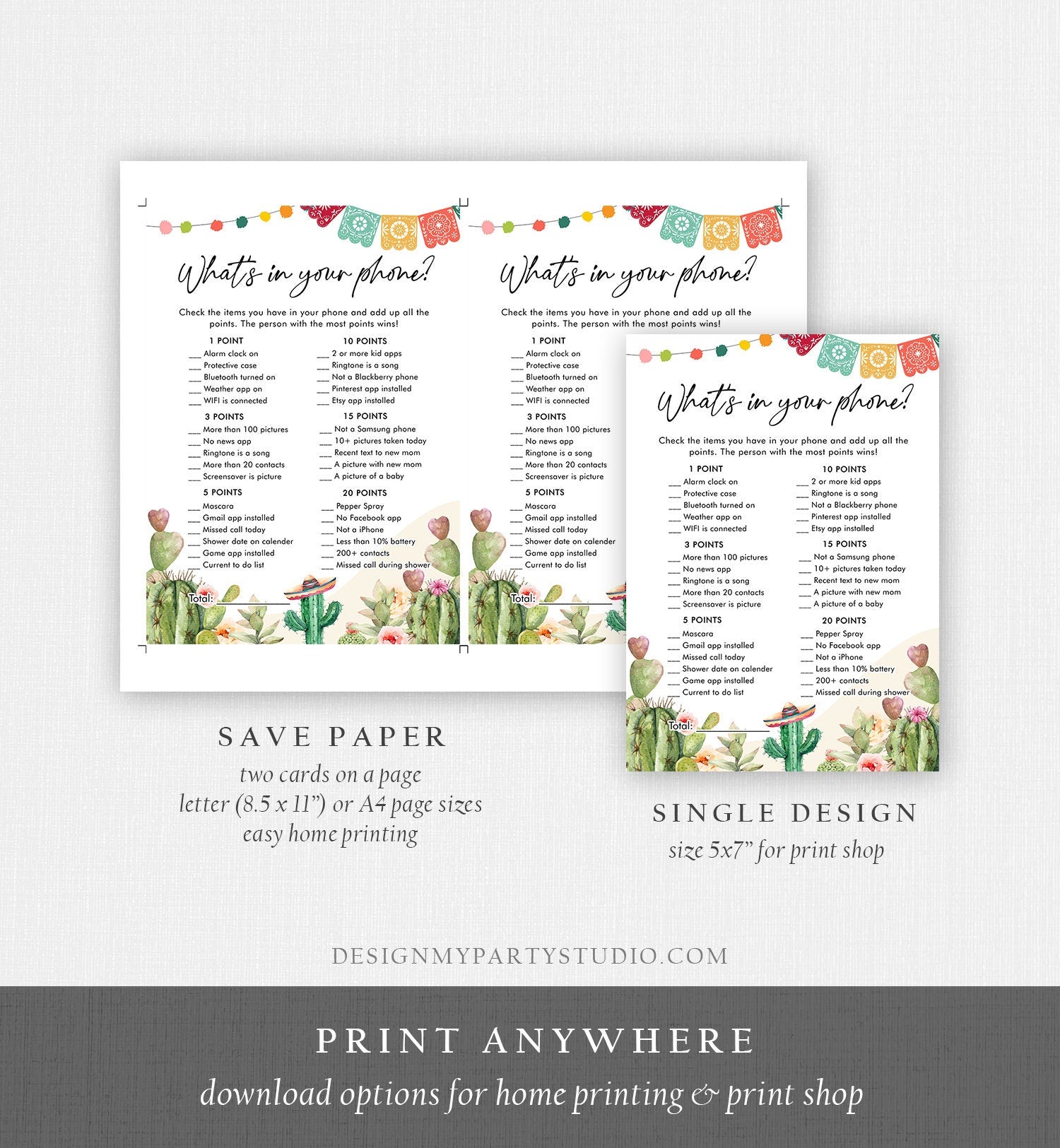 Editable What's in your Phone Bridal Shower Game Cactus Fiesta Mexican Shower Succulent Wedding Activity Digital Template Printable 0404