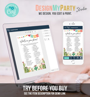 Editable What's in your Phone Bridal Shower Game Cactus Fiesta Mexican Coed Shower Succulent Wedding Activity Corjl Template Printable 0404