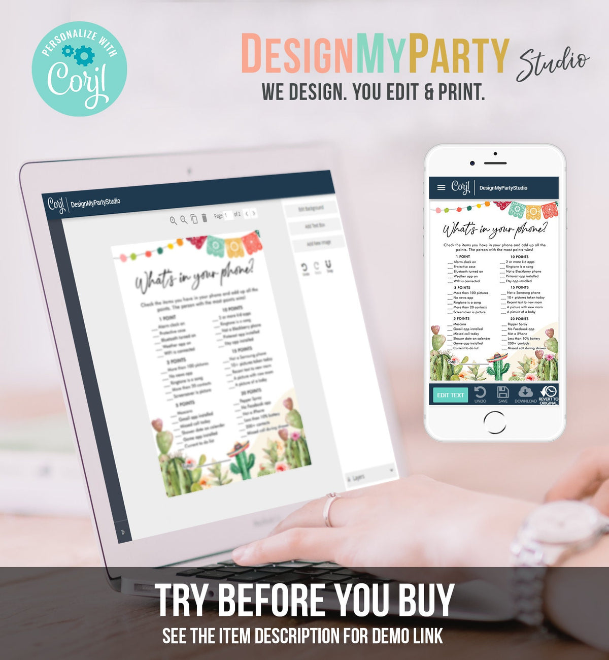 Editable What&#39;s in your Phone Bridal Shower Game Cactus Fiesta Mexican Shower Succulent Wedding Activity Digital Template Printable 0404