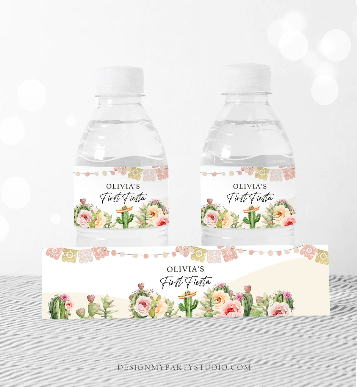 Editable Fiesta Water Bottle Labels First Fiesta Birthday Decor Mexican Cactus Succulent Desert Floral Girl Digital Template Printable 0419