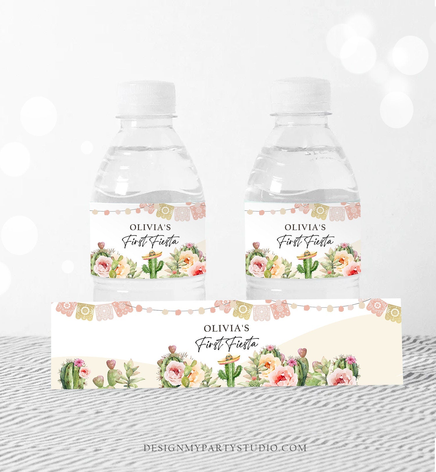 Editable Fiesta Water Bottle Labels First Fiesta Birthday Decor Mexican Cactus Succulent Desert Floral Girl Digital Template Printable 0419