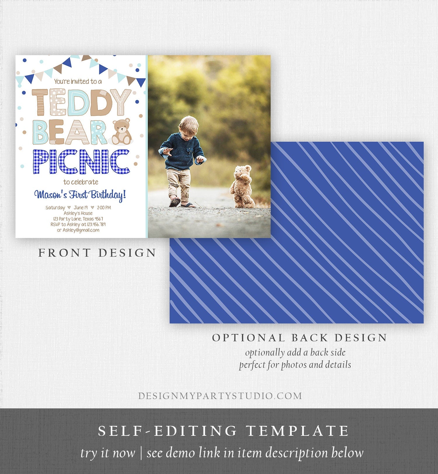 Editable Teddy Bear Picnic Birthday Invitation Boy Navy Blue Gingham Bear Picnic Outdoor First Birthday Digital Corjl Template 0100