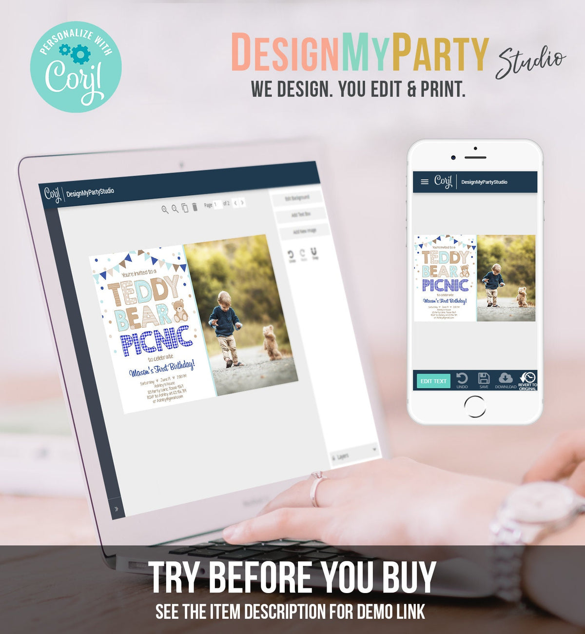 Editable Teddy Bear Picnic Birthday Invitation Boy Navy Blue Gingham Bear Picnic Outdoor First Birthday Digital Corjl Template 0100