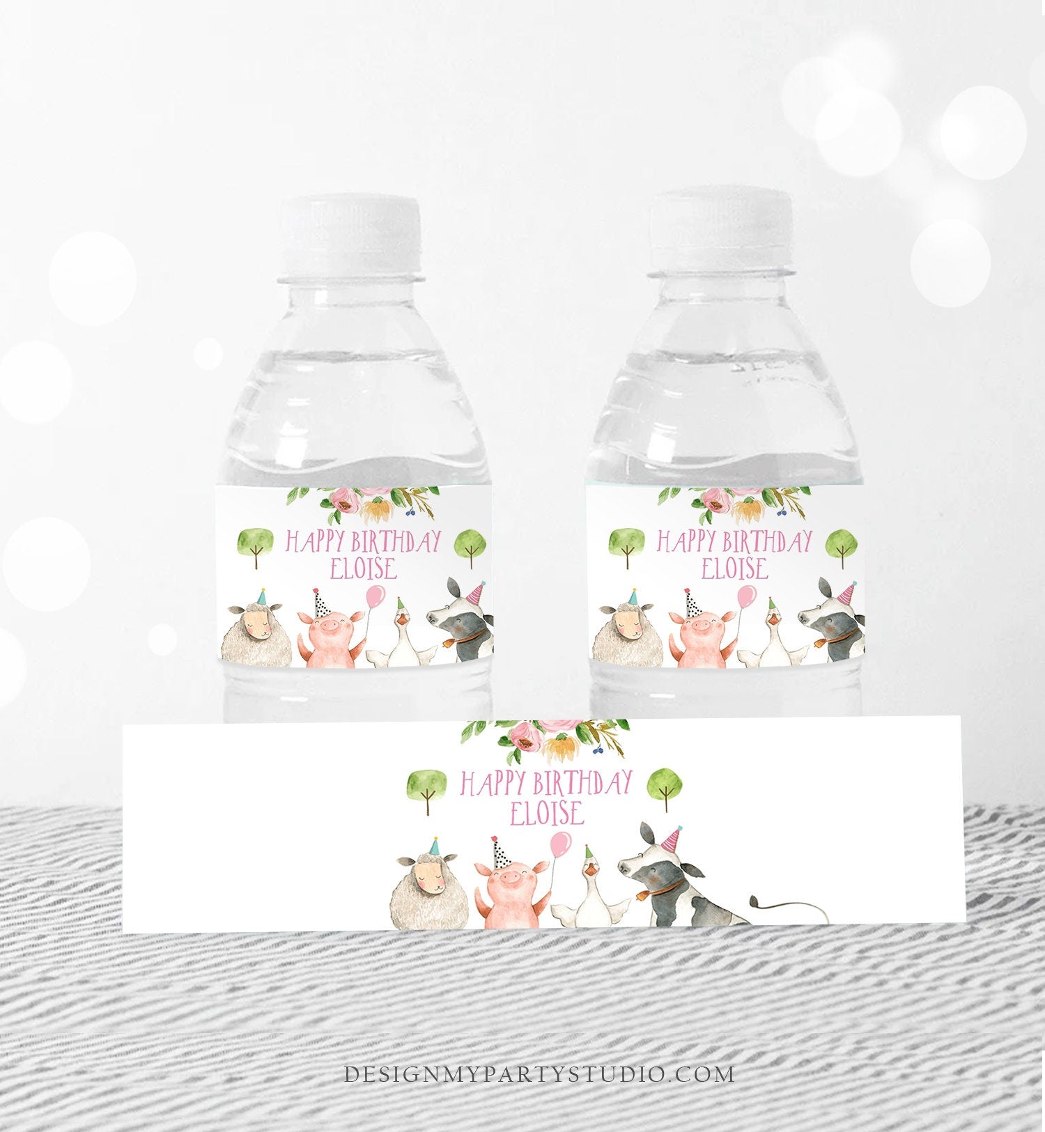 Editable Farm Animals Water Bottle Label Girl Birthday Barnyard Farm Birthday Decor Cow Pig Party Animals Template Corjl Printable 0155