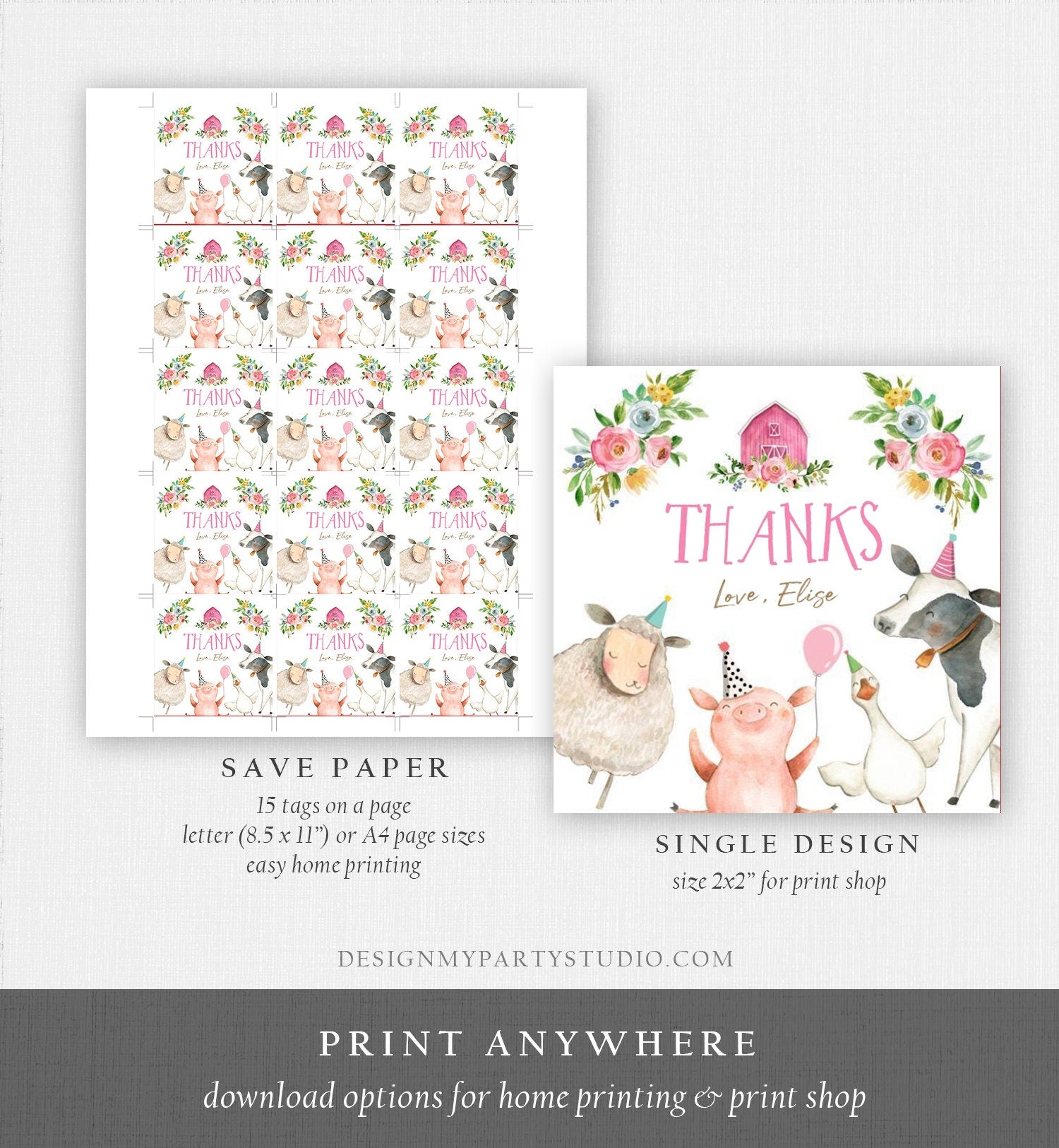 Editable Pink Farm Animals Thank you Tags Girl Birthday Barnyard Stickers Farm Birthday Decor Favor Tags Party Animals Digital Template 0155