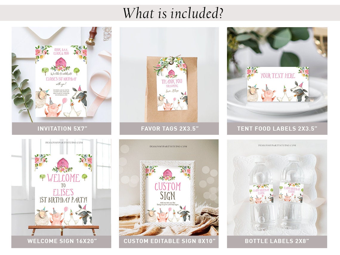 Farm Animals Birthday Invitation Bundle Girl Farm Barnyard Party Party Animals Farm Birthday Bundle First Pink Printable Corjl Template 0155