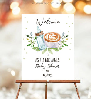 Editable A Baby is Brewing Welcome Sign Brewing Baby Shower Bottle and Beers Coed Couples Cappuccino Coffee Neutral Corjl Template 0190