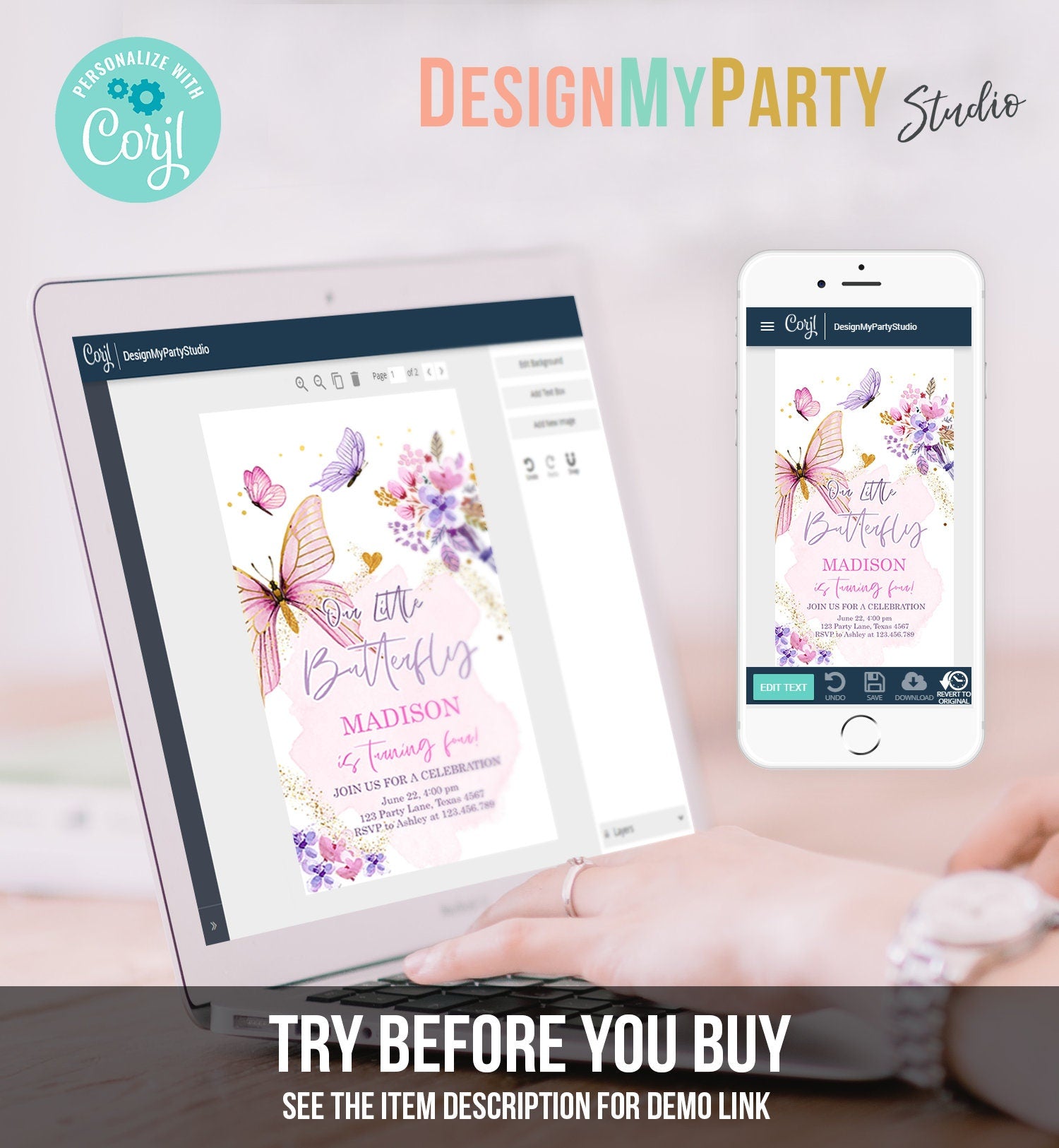 Editable Butterfly Birthday Evite Girl Purple Butterfly Invite 1st Birthday Party Floral Pink Phone Digital Download Evite Template 0437