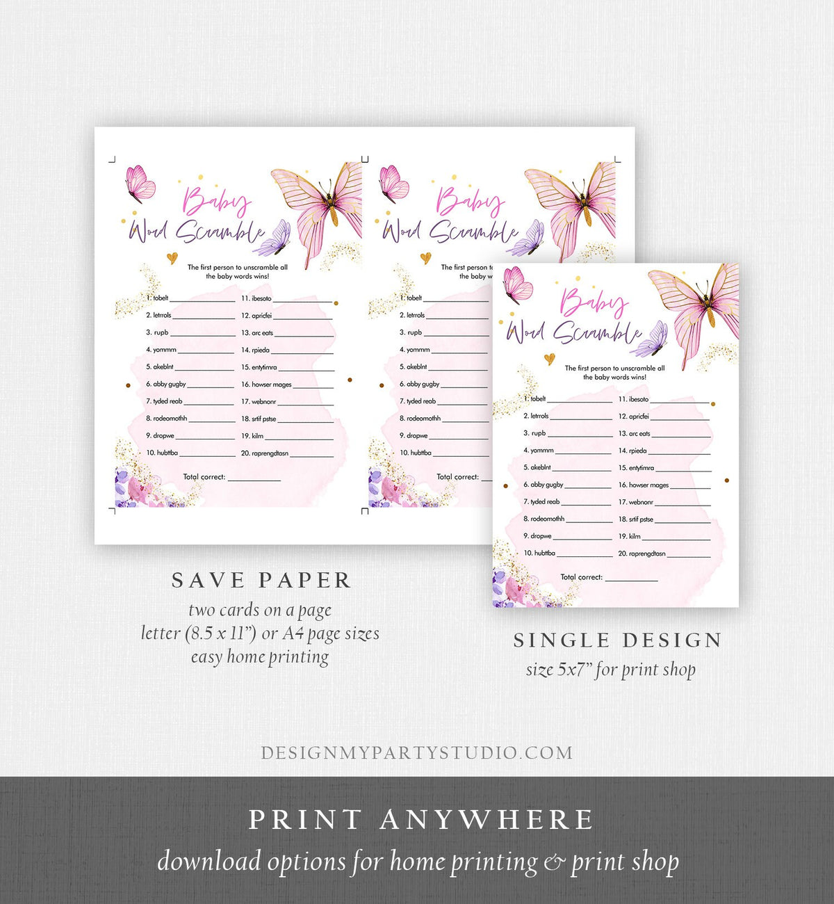Editable Word Scramble Baby Shower Game Butterfly Baby Shower Floral Butterflies Lilac Pink Purple Activity Corjl Template Printable 0437