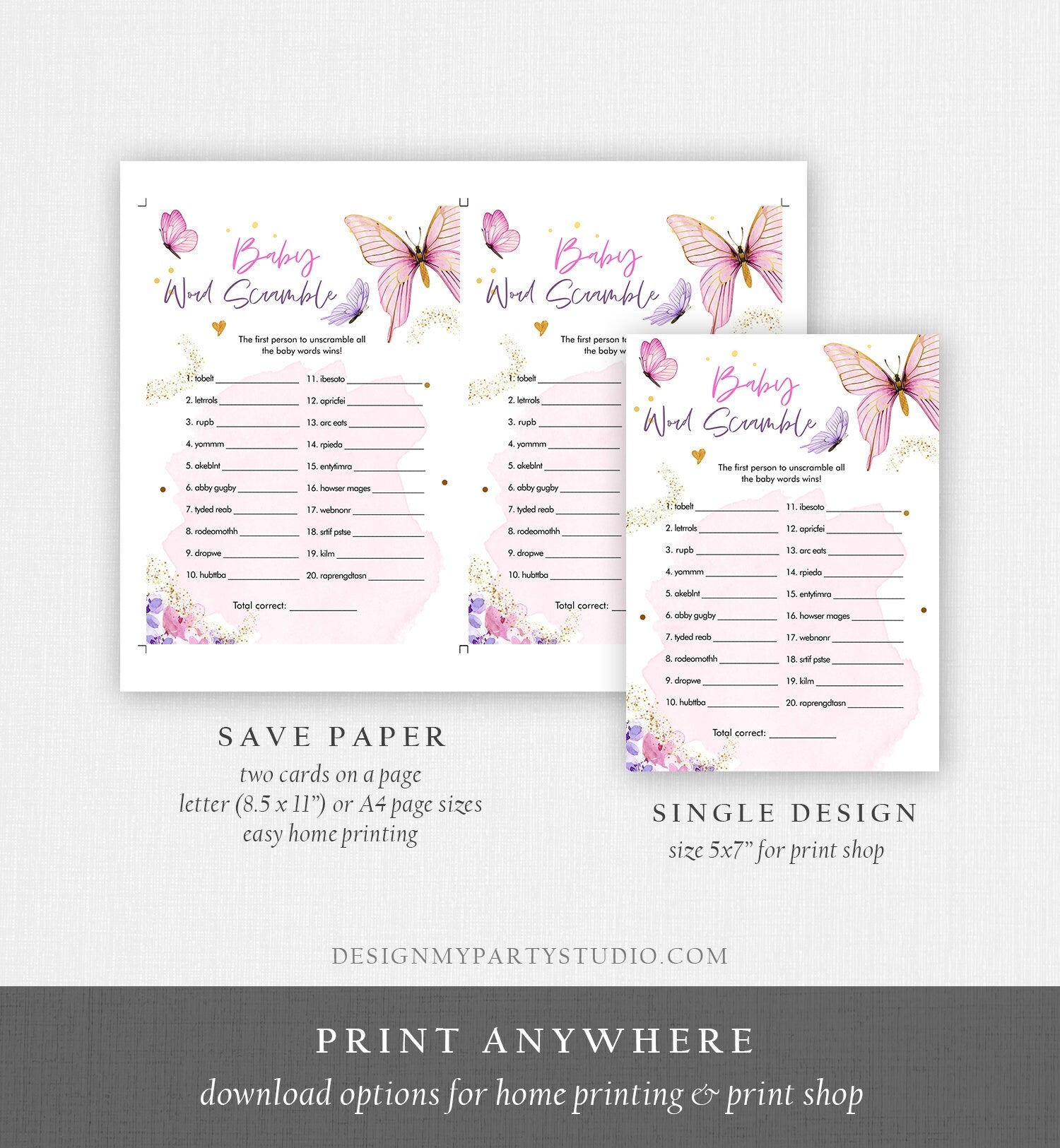 Editable Word Scramble Baby Shower Game Butterfly Baby Shower Floral Butterflies Lilac Pink Purple Activity Corjl Template Printable 0437