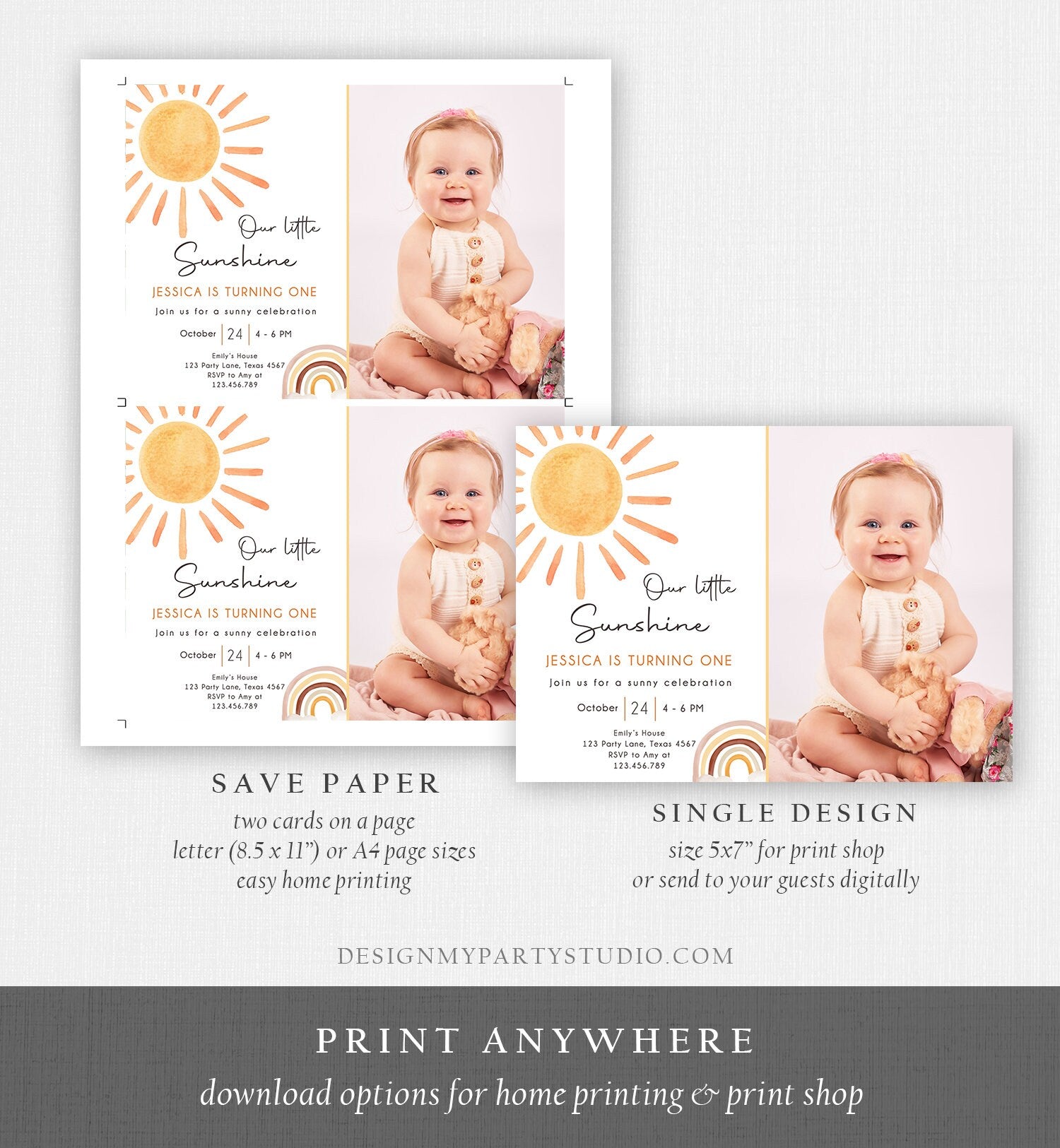 Editable Our Little Sunshine Birthday Invitation 1st Sunshine Birthday Party Neutral Boho Download Printable Template Digital Corjl 0431