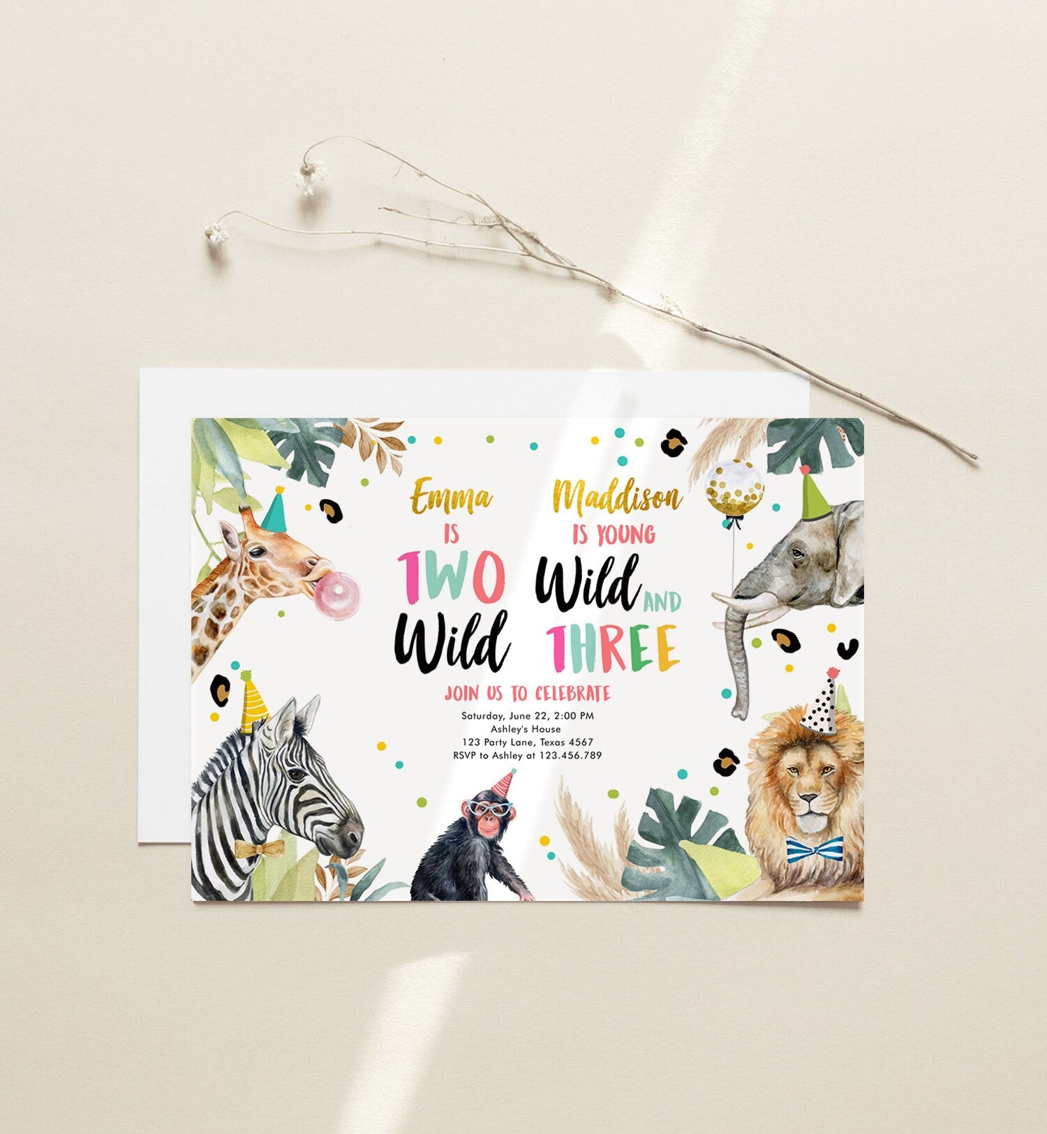 Editable Two Wild Young Wild and Three Invitation Girl Pink and Gold Safari Animals Zoo Joint Coed Digital Corjl Template Printable 0417