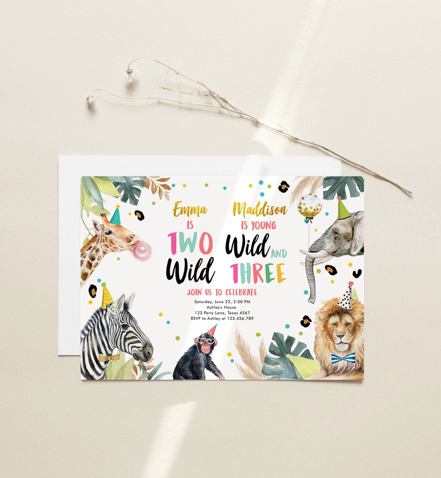 Editable Two Wild Young Wild and Three Invitation Girl Pink and Gold Safari Animals Zoo Joint Coed Digital Download Template Printable 0417