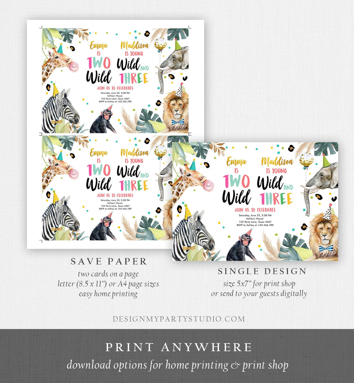 Editable Two Wild Young Wild and Three Invitation Girl Pink and Gold Safari Animals Zoo Joint Coed Digital Download Template Printable 0417