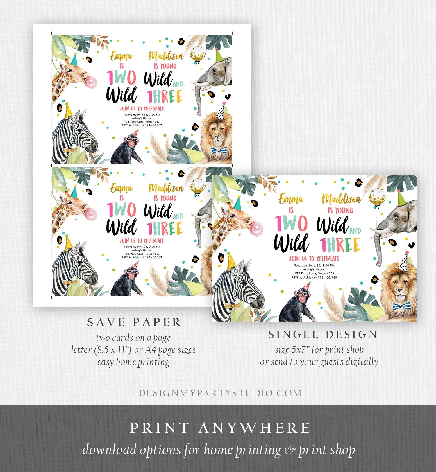 Editable Two Wild Young Wild and Three Invitation Girl Pink and Gold Safari Animals Zoo Joint Coed Digital Download Template Printable 0417